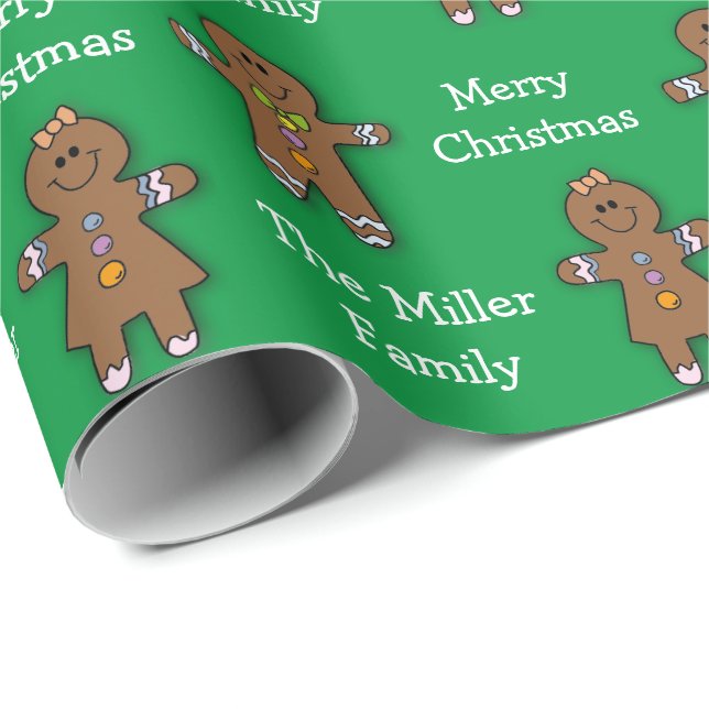 Merry Christmas Gingerbread Man Green Custom  Wrapping Paper (Roll Corner)