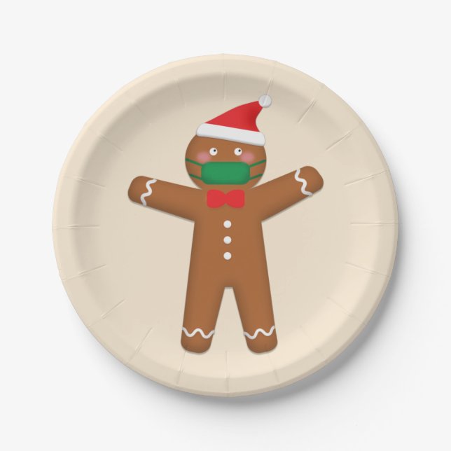 Merry Christmas Gingerbread Man in Face Mask 2020 Paper Plate (Front)
