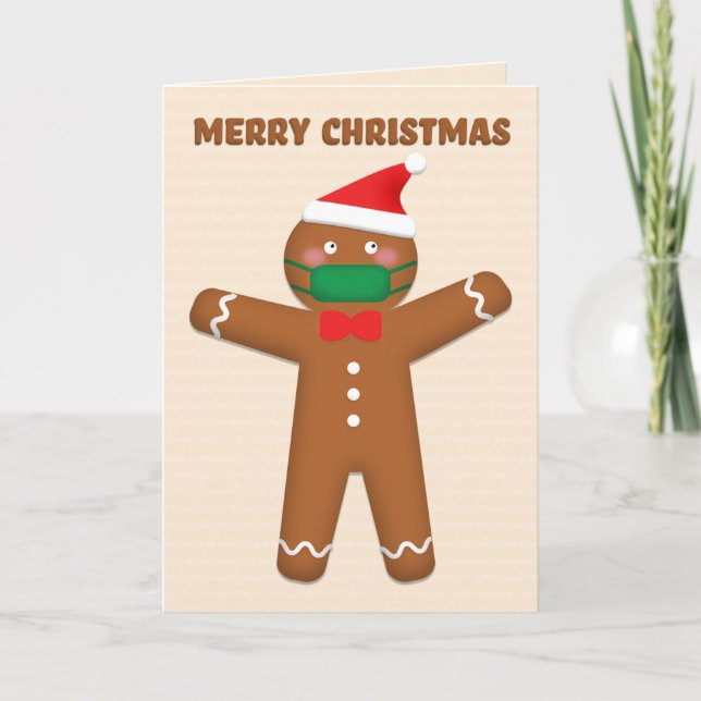 Merry Christmas Gingerbread Man in Face Mask Holiday Card (Front)