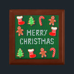 Merry Christmas Gingerbread Ornaments on Green Gift Box<br><div class="desc">A knitted effect background with ornaments and decorations,  gingerbread men,  candy canes,  stockings and decorated trees with the words Merry Christmas that looks like knitting stitches.</div>