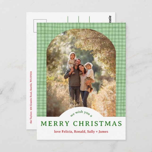 MERRY CHRISTMAS Gingham Holiday CUSTOM Arch PHOTO Postcard (Front/Back)