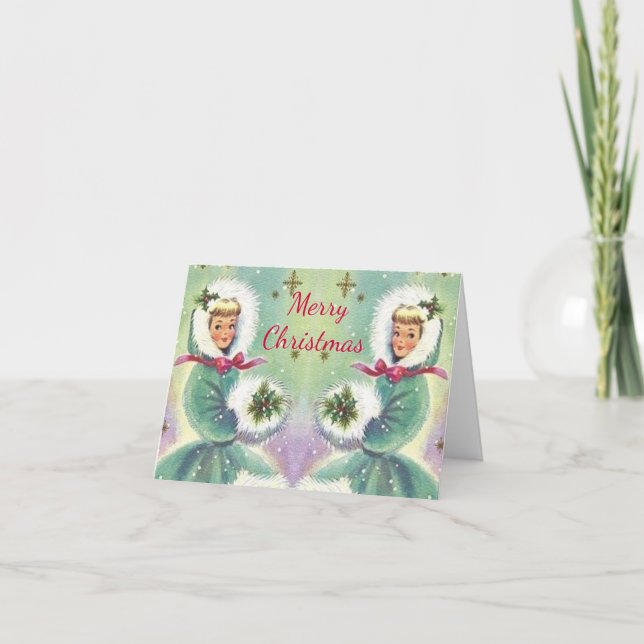 Merry Christmas Girls in Blue Coats Vintage Card (Front)