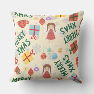 Merry Christmas girly pink background with present Throw Pillow