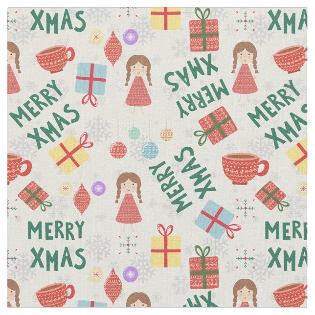 Merry Christmas girly red green pattern for her Fabric (Close Up)