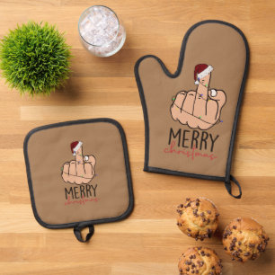 Merry Christmas Giving the Finger Oven Mitt & Pot Holder Set
