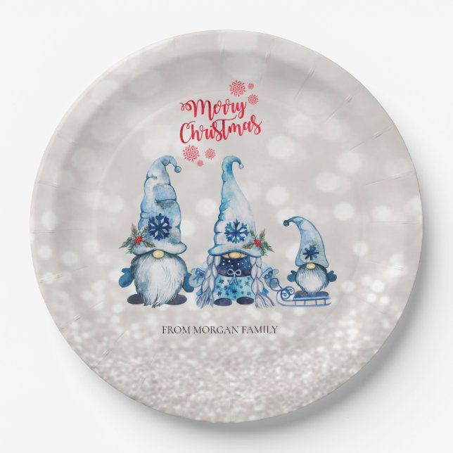 Merry Christmas,Glitter Bokeh,Cute Blue Gnomes  Paper Plate (Front)