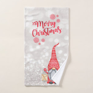 Merry Christmas,Glitter Bokeh,Cute Gnome  Bath Towel Set