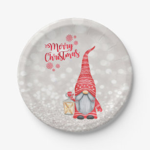 Merry Christmas,Glitter Bokeh,Cute Gnome   Paper Plate