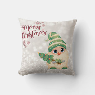 Merry Christmas,Glitter Bokeh,Cute Gnome Pine Tree Throw Pillow