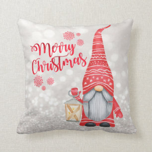 Merry Christmas,Glitter Bokeh,Cute Gnome  Throw Pillow