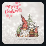 Merry Christmas,Glitter Bokeh,Cute Gnomes Family Square Sticker<br><div class="desc">Adorable cute gnomes family on glitter bokeh background.</div>
