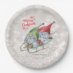 Merry Christmas,Glitter Bokeh,Cute Gnomes Sleigh  Paper Plate