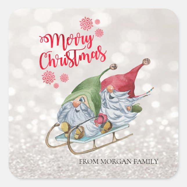 Merry Christmas,Glitter Bokeh,Cute Gnomes Sleigh Square Sticker (Front)