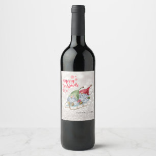 Merry Christmas,Glitter Bokeh,Cute Gnomes Sleigh Wine Label