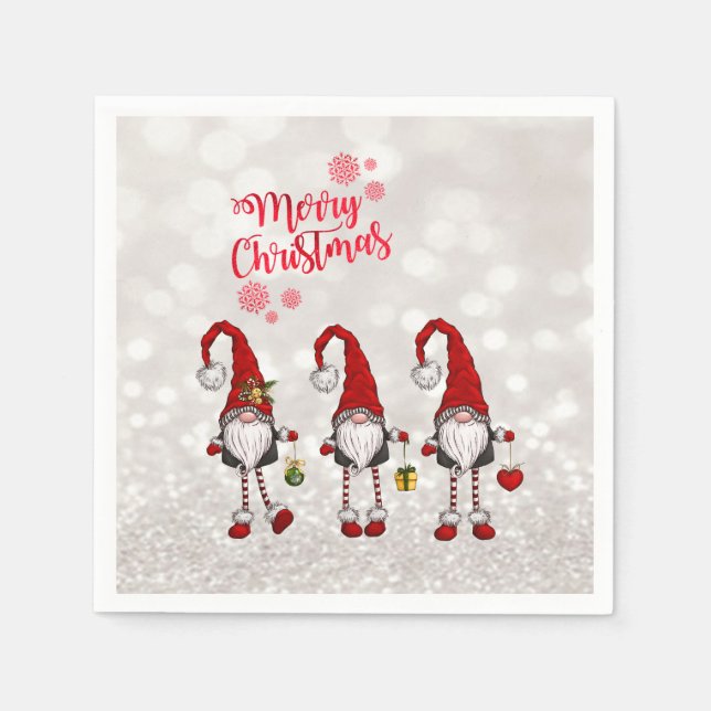 Merry Christmas,Glitter Bokeh,Cute Red Gnomes  Napkin (Front)