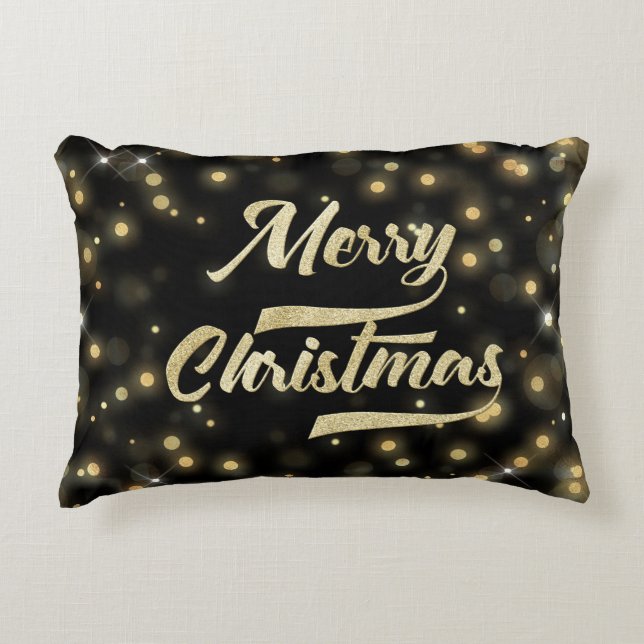 Merry Christmas Glitter Bokeh Gold Black Accent Pillow (Front)