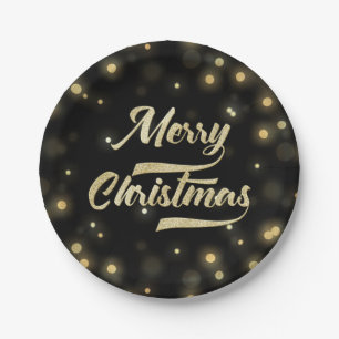 Merry Christmas Glitter Bokeh Gold Black Paper Plate