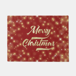 Merry Christmas Glitter Bokeh Gold Red Doormat