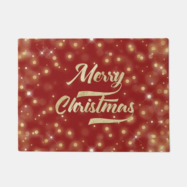Merry Christmas Glitter Bokeh Gold Red Doormat (Front)