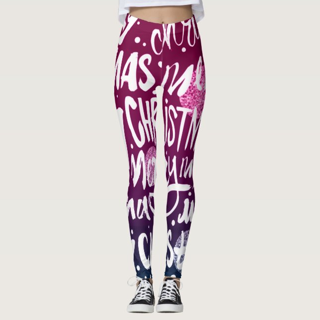 Merry Christmas Glitter Pattern Festive Holiday Leggings (Front)