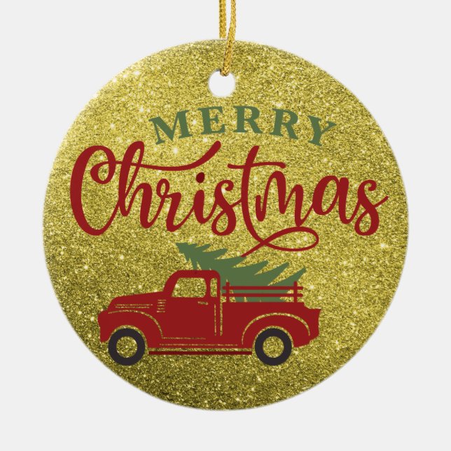 Merry Christmas Glitter Red Truck Christmas Ceramic Ornament (Front)