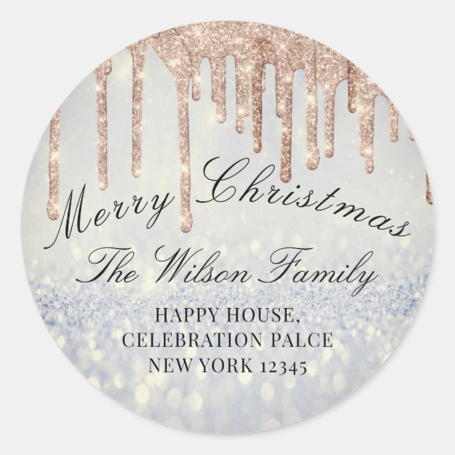 Merry Christmas Glitter RSVP Rose  Smoky Blue Classic Round Sticker (Front)
