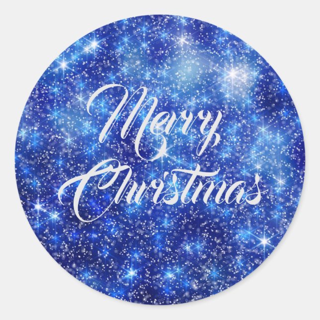 Merry Christmas Glitter Sparkle Navy Blue Classic Round Sticker (Front)