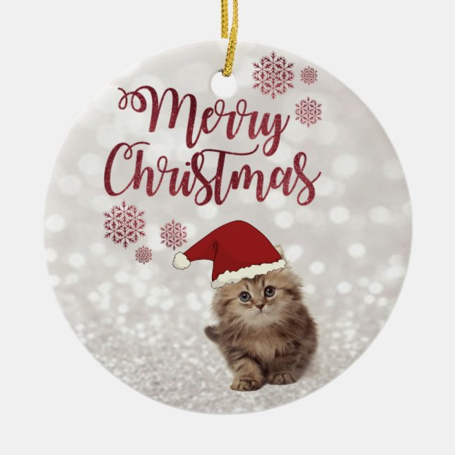 Merry Christmas,Glittery Bokeh,Cat With Santa Hat Ceramic Ornament (Front)