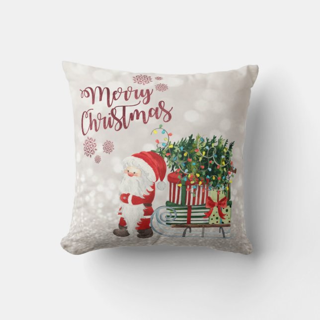 Merry Christmas,Glittery Bokeh,Cat With Santa Hat  Throw Pillow (Front)