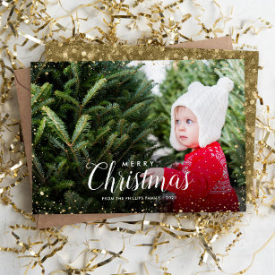 Merry Christmas   Glitz Faux Glitter Photo Overlay Holiday Card