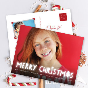 Merry Christmas Glow Typography Modern Photo Holiday Postcard