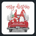 Merry Christmas Gnome Couple Vintage Red Truck  Square Sticker<br><div class="desc">These cute holiday stickers feature a gnome couple wearing red fair aisle hats sitting in the back of a vintage red truck. Above in modern script it reads "Merry Christmas". Personalize with a name and year on the back of the truck. Designed by Susan Coffey.</div>