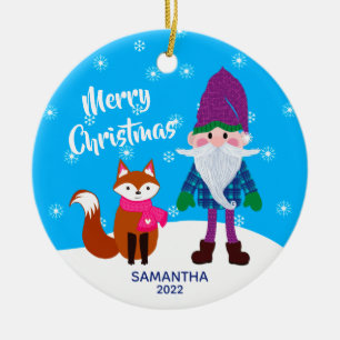 Merry Christmas Gnome Fox Personalized Ceramic Ornament