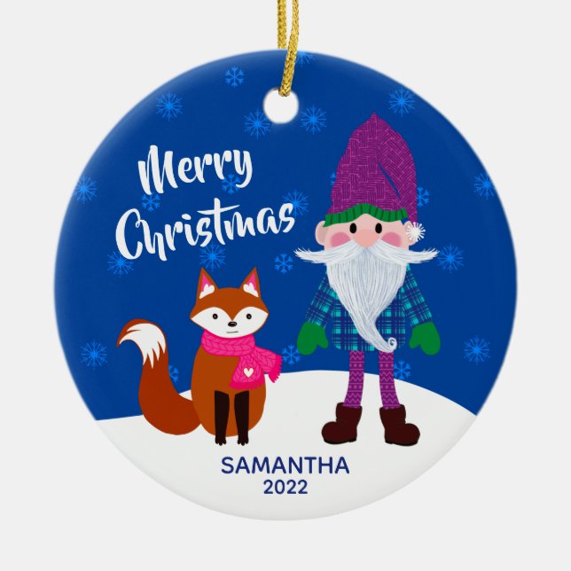 Merry Christmas Gnome Fox Personalized Night Blue Ceramic Ornament (Front)