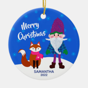 Merry Christmas Gnome Fox Snowflakes Blue Ceramic Ornament
