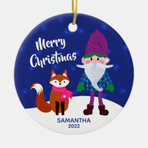 Merry Christmas Gnome Fox Snowflakes Midnight Blue Ceramic Ornament