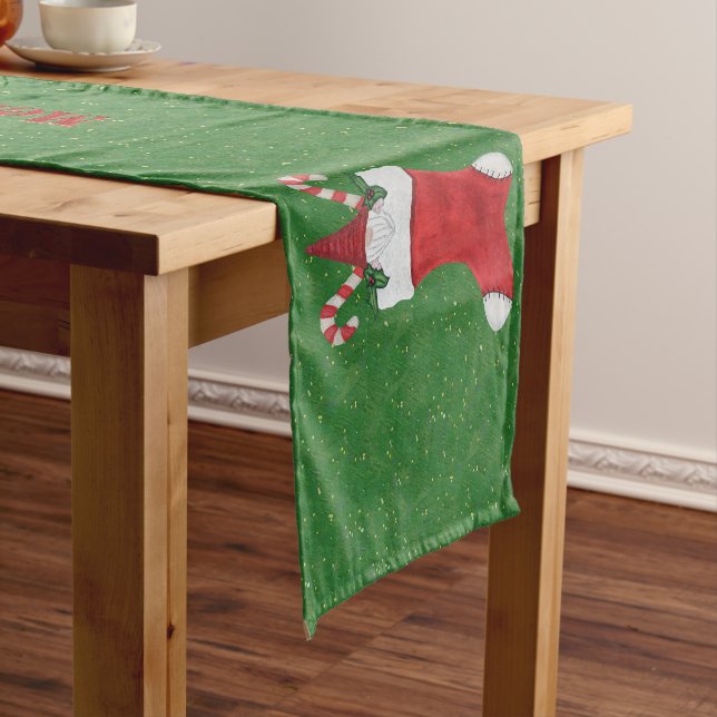 Merry Christmas Gnome in Red Stocking Candy Canes Short Table Runner (In Situ)