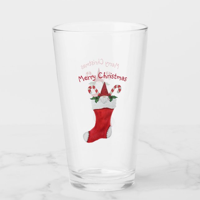 Merry Christmas Gnome in Stocking Candy Canes Glass (Front)
