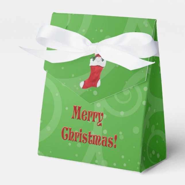 Merry Christmas Gnome in Stocking Green Swirls Favor Box (Front Side)