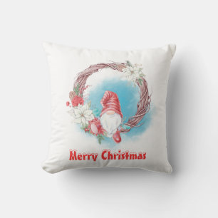Merry Christmas Gnome on Floral Wreath Throw Pillow