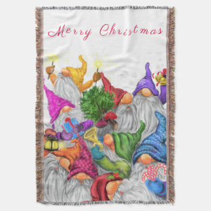 Merry Christmas Gnome Party Cartoon Drawing Funny Throw Blanket
