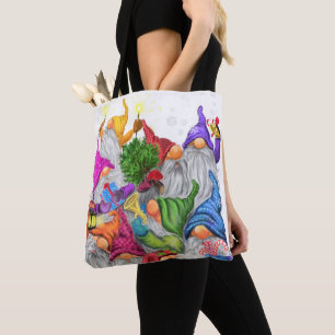 Merry Christmas Gnome Party Cartoon Drawing Funny Tote Bag