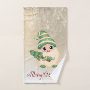 Merry Christmas,Gnome,Pine Tree,Snowflakes Bath Towel Set
