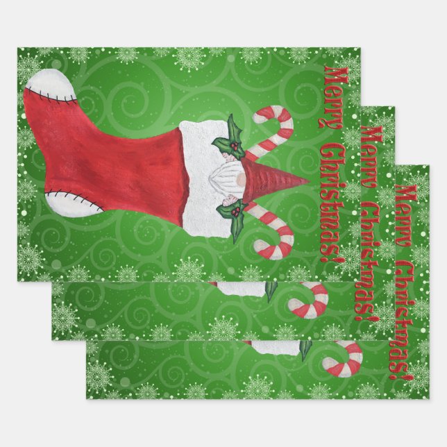 Merry Christmas Gnome Red Christmas Stocking Swirl Wrapping Paper Sheet (Set)