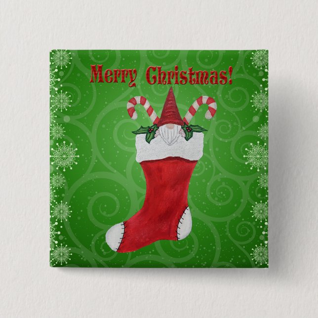 Merry Christmas Gnome Red Stocking Snowflakes 2 Inch Square Button (Front)