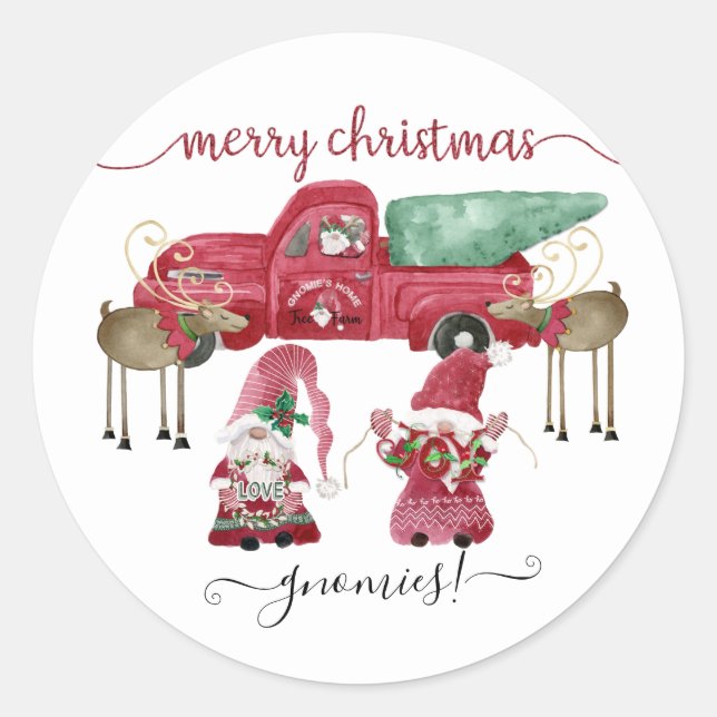 Merry Christmas Gnome Watercolor Red Truck Classic Round Sticker (Front)