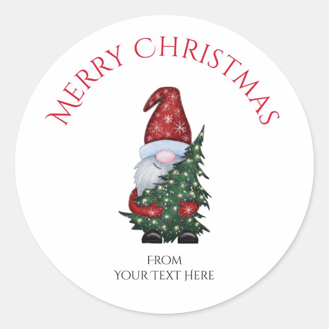 Merry Christmas Gnome With Glitter Christmas Tree Classic Round Sticker (Front)