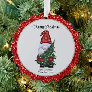 Merry Christmas Gnome With Glitter Christmas Tree Ornament Card