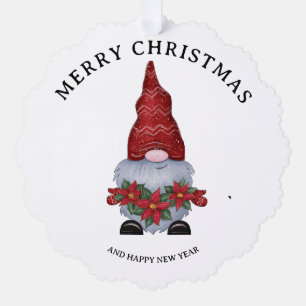 Merry Christmas Gnome With Glitter Poinsettia Ornament Card