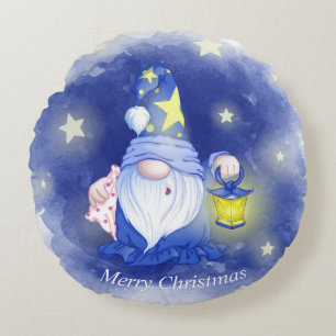 Merry Christmas Gnome with Lantern Watercolor Round Pillow
